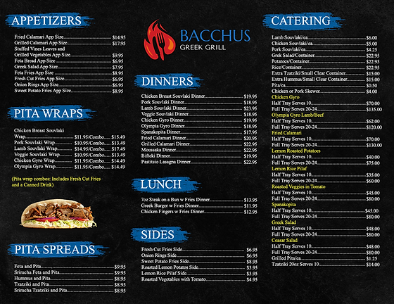 Menu, Bacchus Greek Grill