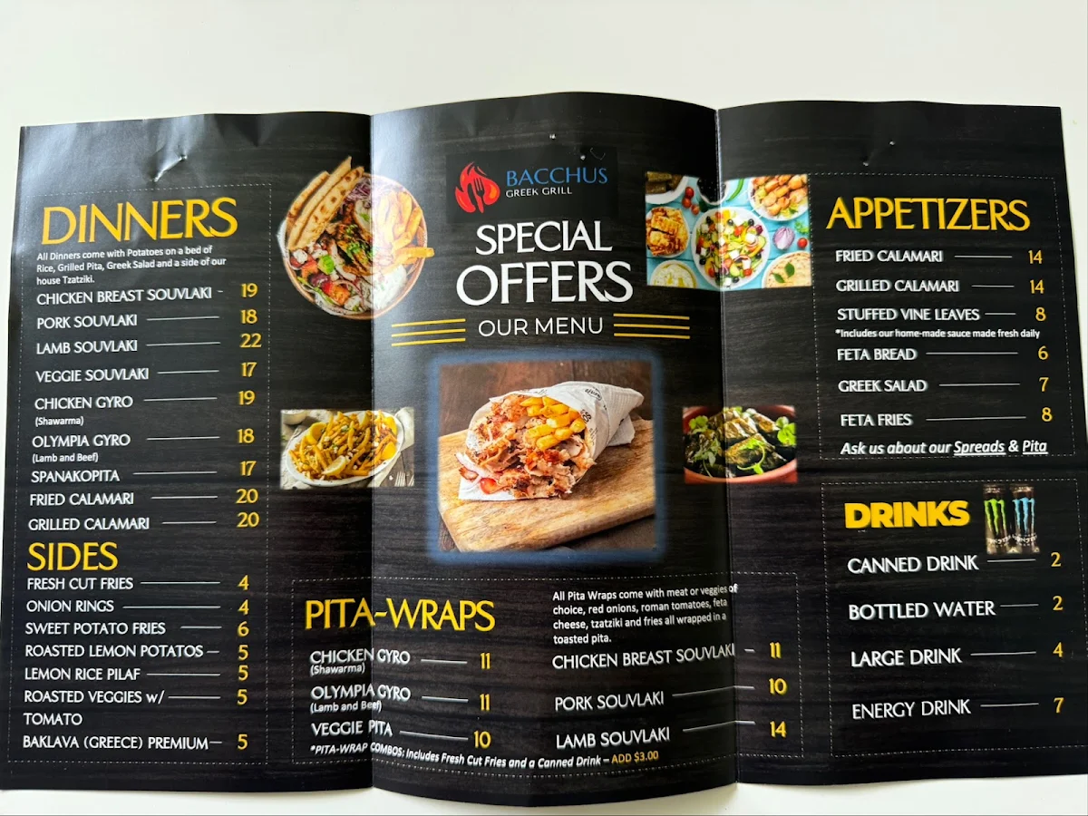 Menu, Bacchus Greek Grill