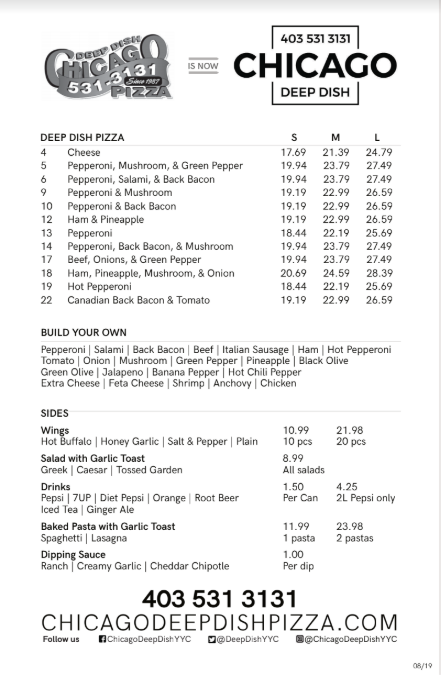 Menu, Chicago Deep Dish Pizza - Calgary's Original