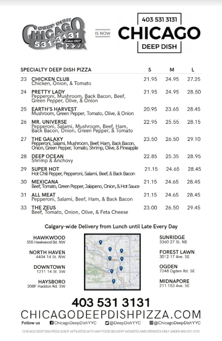 Menu, Chicago Deep Dish Pizza - Calgary's Original