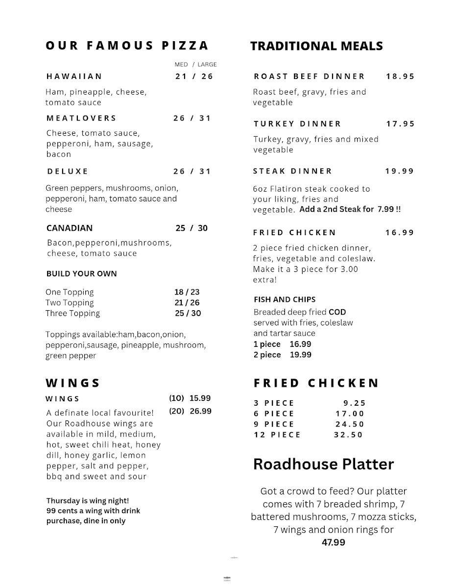 Menu, Gladstone Roadhouse