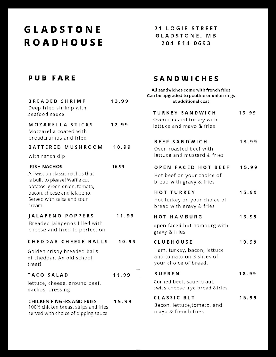 Menu, Gladstone Roadhouse