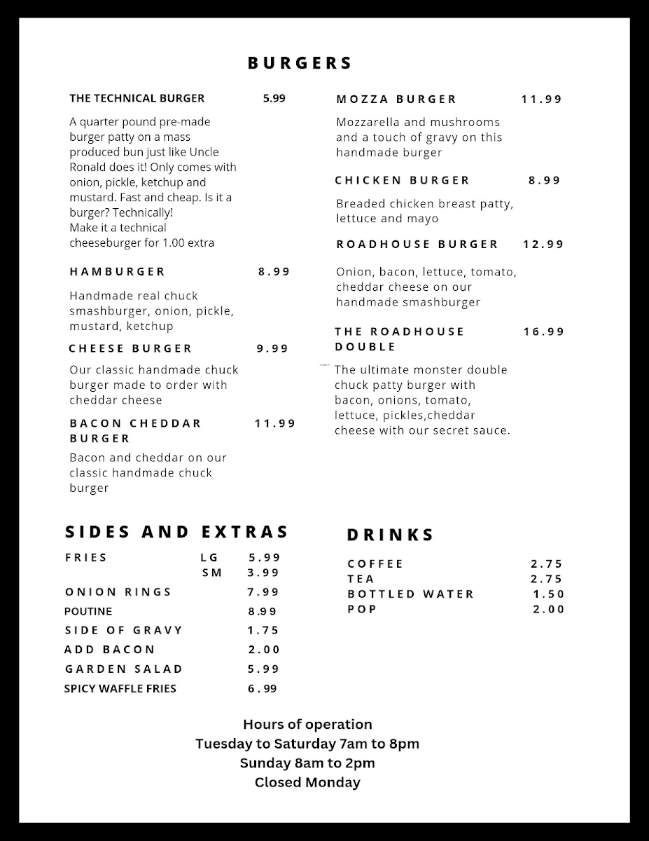 Menu, Gladstone Roadhouse