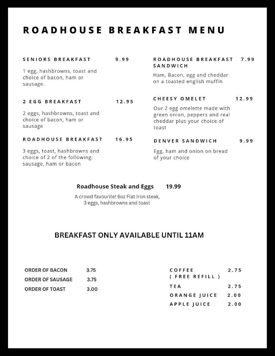 Menu, Gladstone Roadhouse