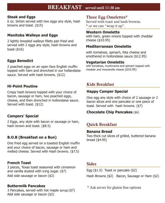 Menu, Hi-Point Restaurant & Lounge