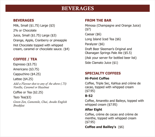 Menu, Hi-Point Restaurant & Lounge