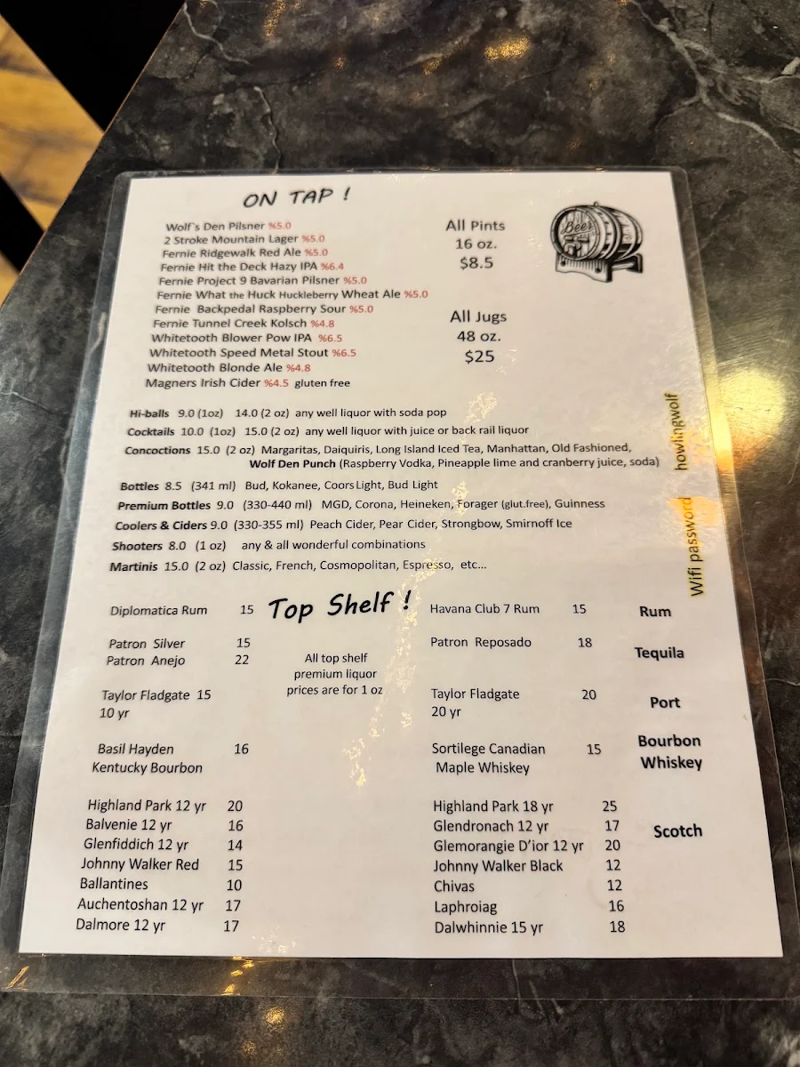 Menu, The Wolf’s Den