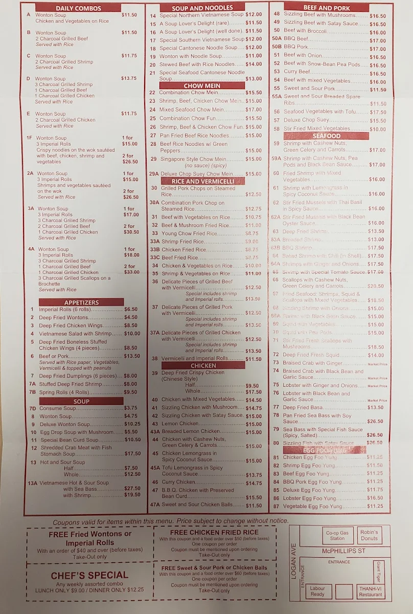 Menu, Thanh Vi Restaurant
