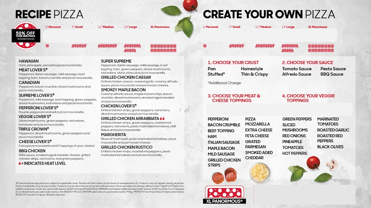 Menu, Pizza Hut