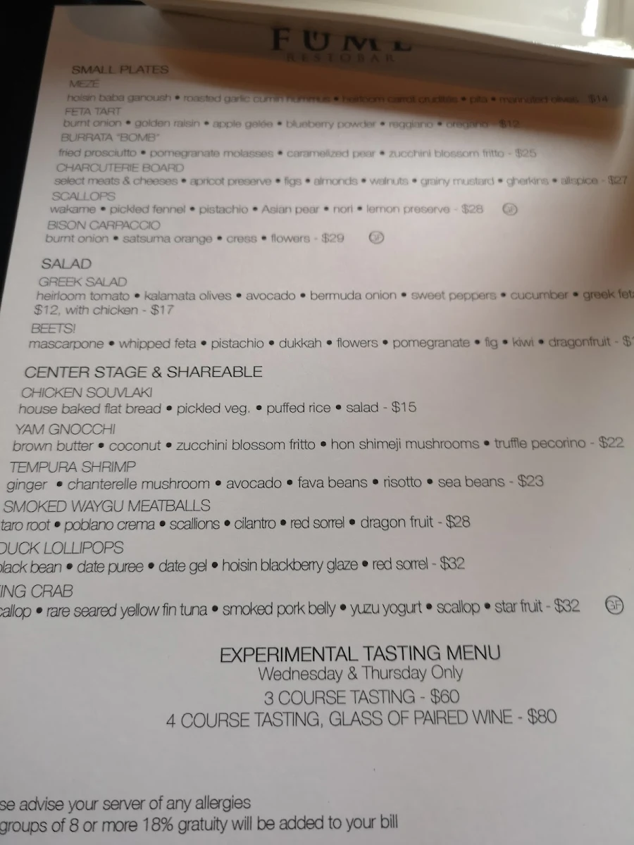 Menu, Fume RestoBar