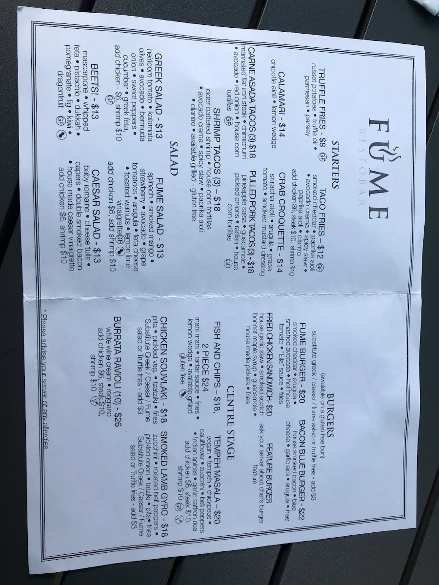 Menu, Fume RestoBar
