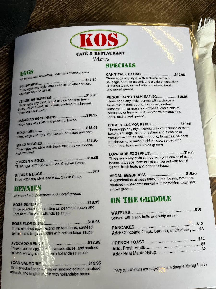 Menu, Kos Cafe & Restaurant