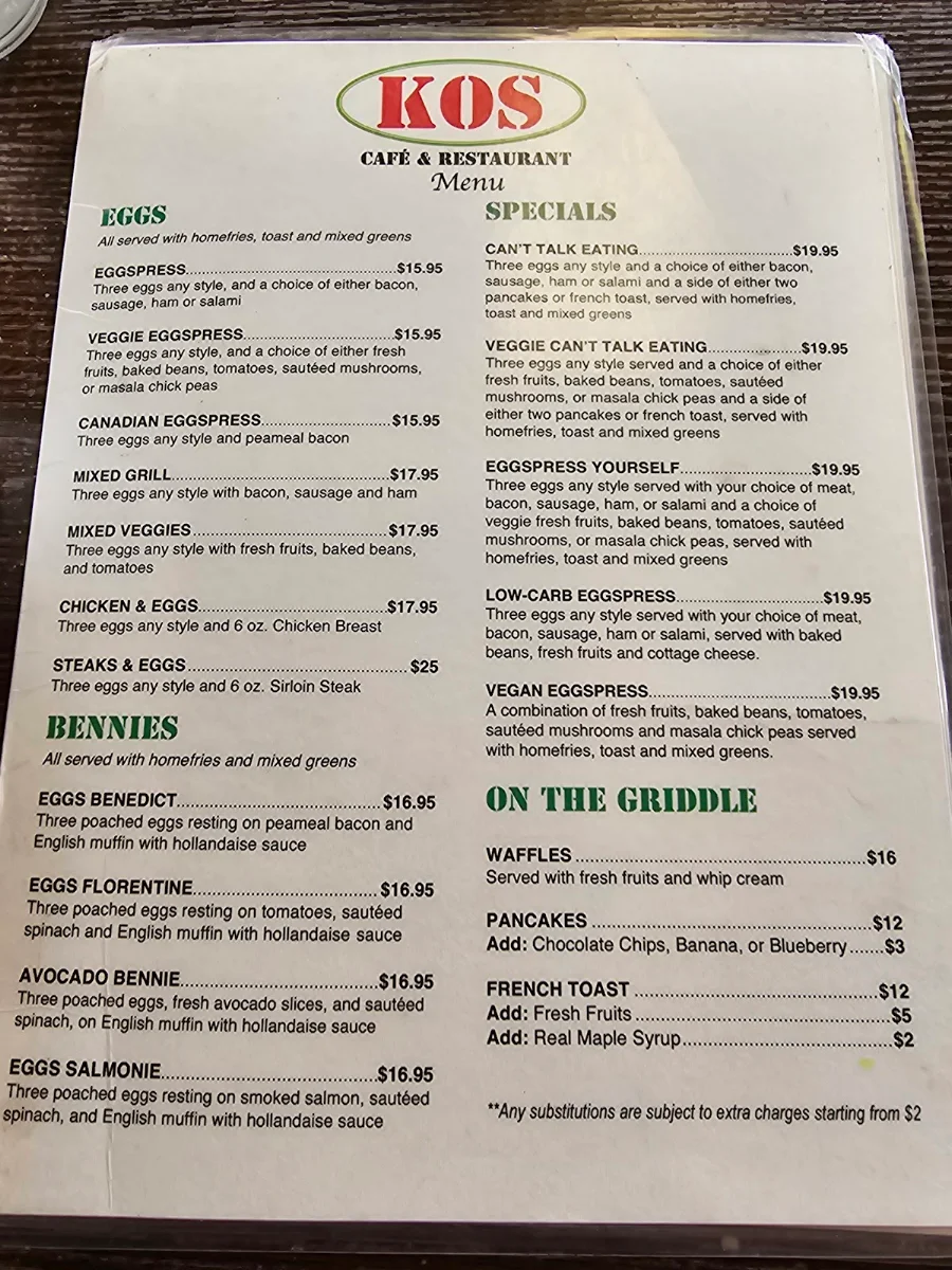 Menu, Kos Cafe & Restaurant