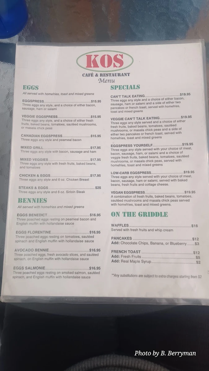 Menu, Kos Cafe & Restaurant