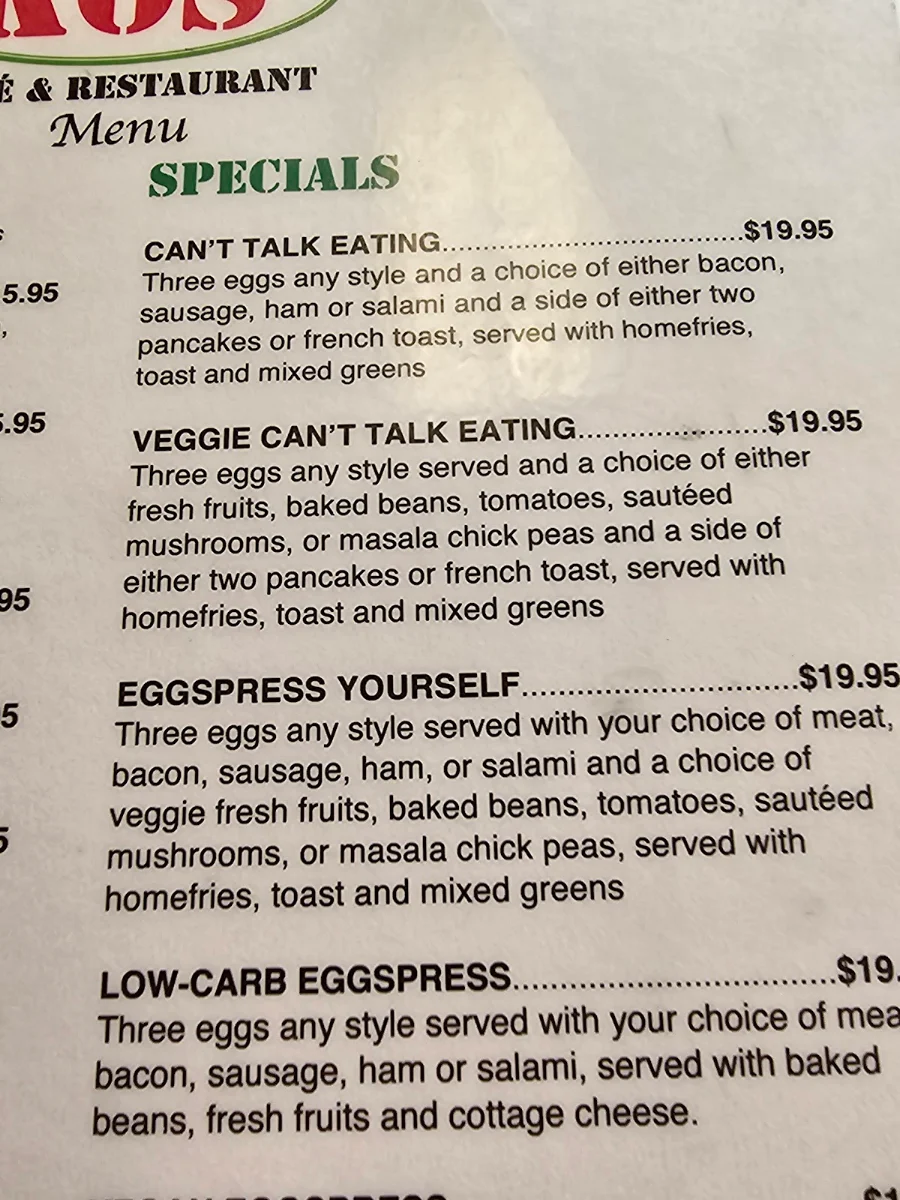 Menu, Kos Cafe & Restaurant