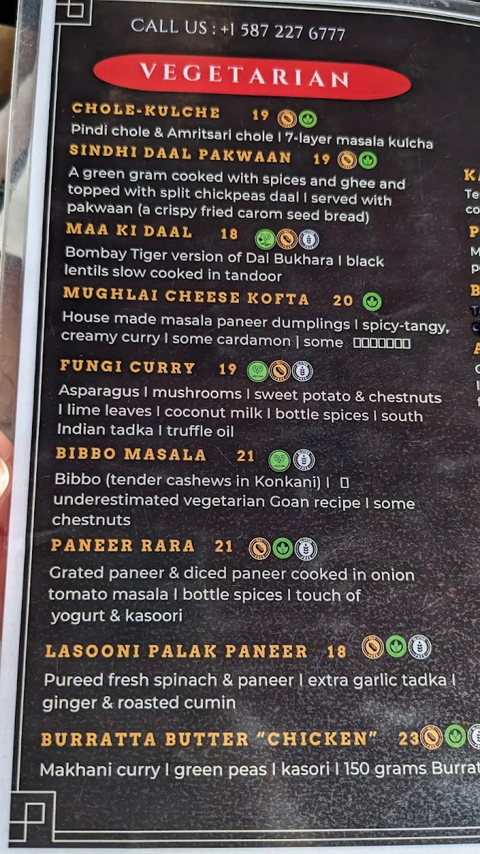Menu, BOMBAY TIGER - Indian Kitchen & Bar