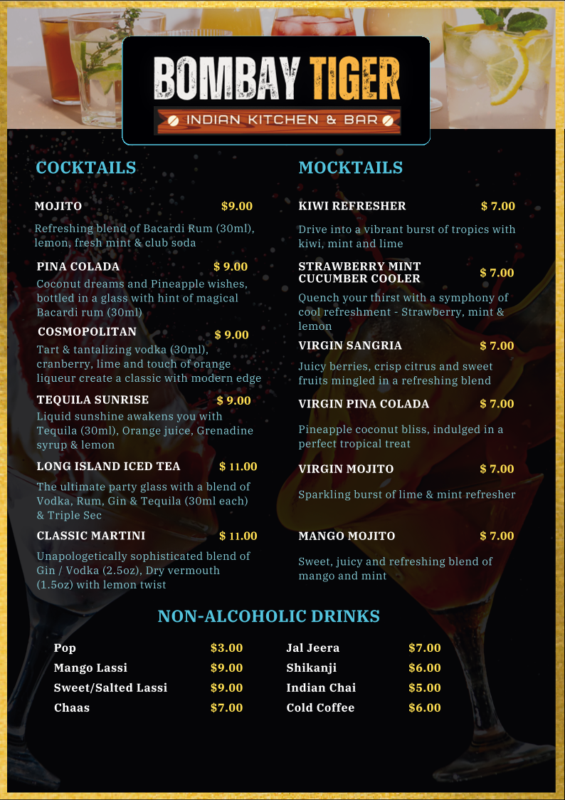 Menu, BOMBAY TIGER - Indian Kitchen & Bar