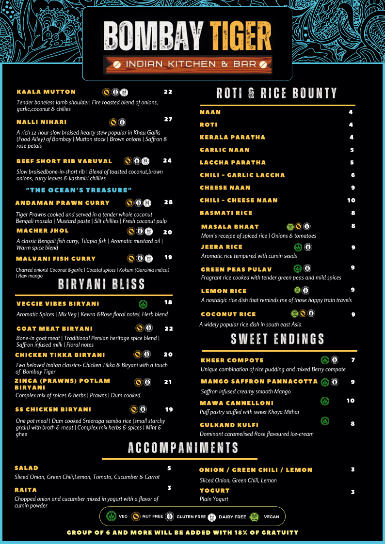 Menu, BOMBAY TIGER - Indian Kitchen & Bar