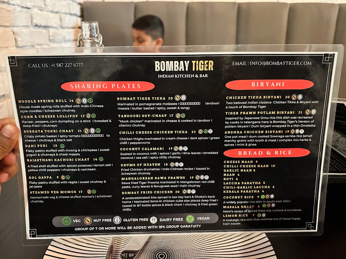 Menu, BOMBAY TIGER - Indian Kitchen & Bar