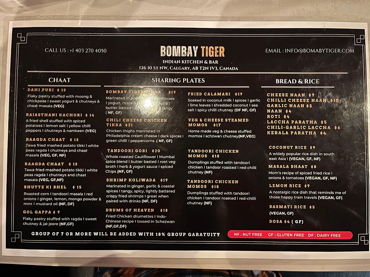 Menu, BOMBAY TIGER - Indian Kitchen & Bar