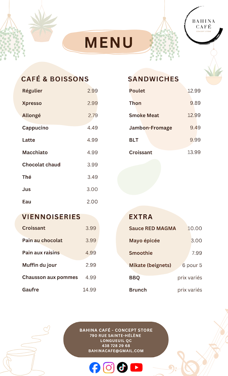 Menu, Bahina Café - Longueuil