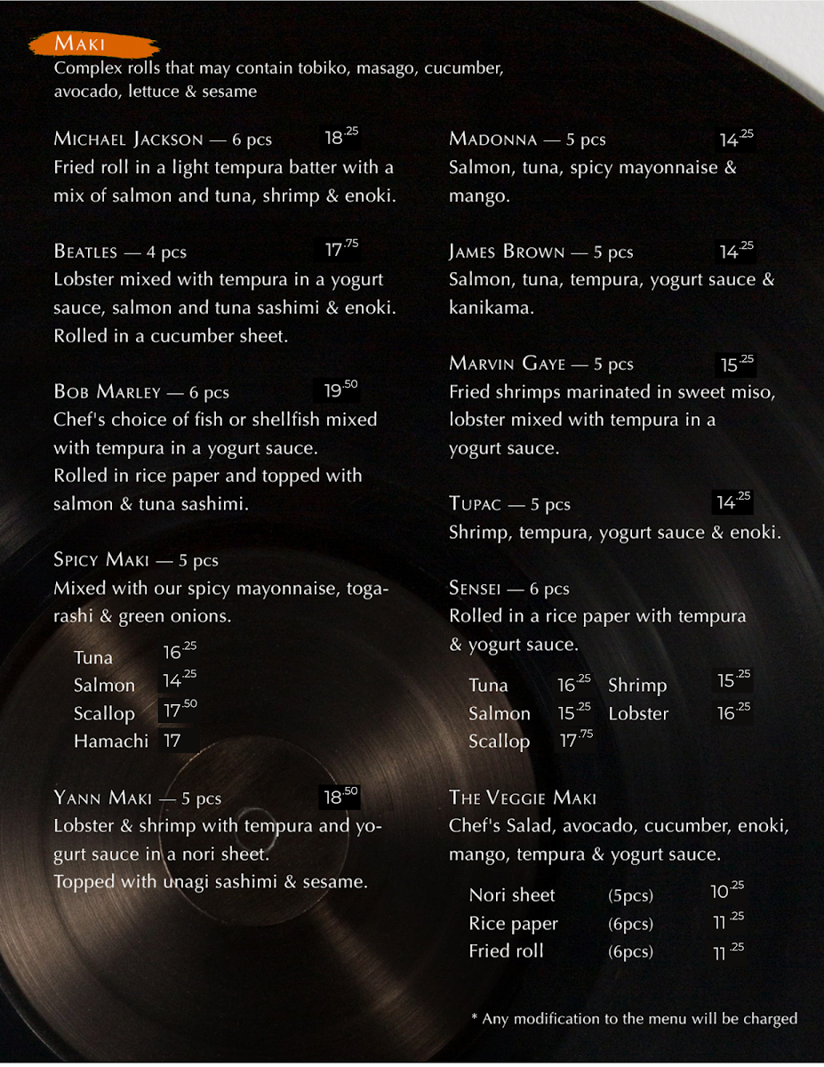 Menu, Saint Sushi Plateau