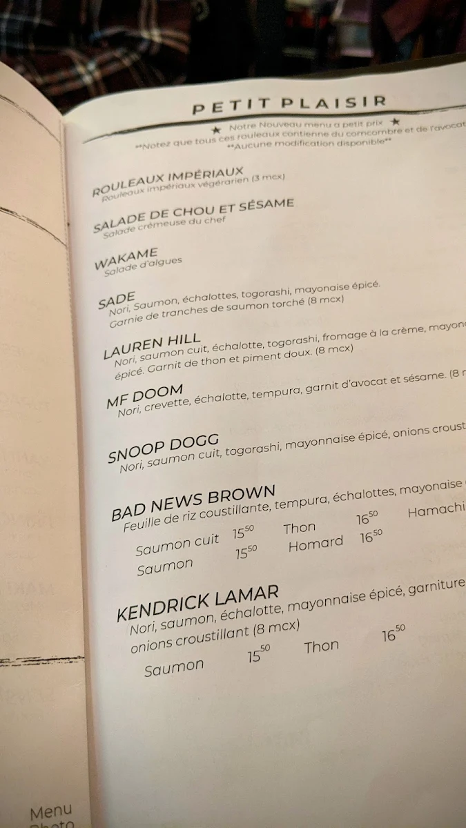 Menu, Saint Sushi Plateau