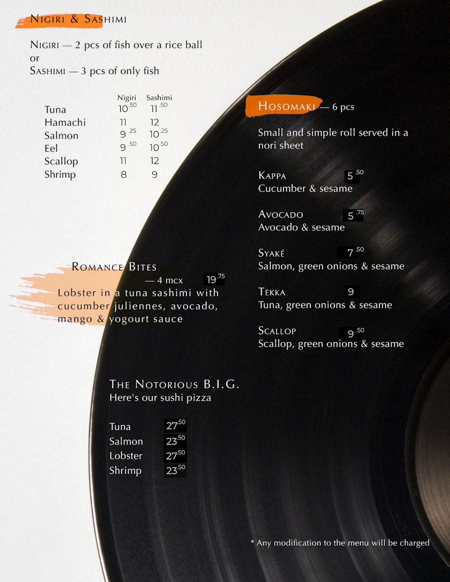Menu, Saint Sushi Plateau