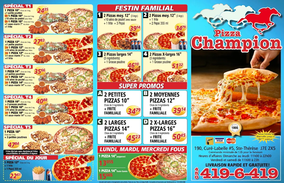 Menu, Champion Pizza