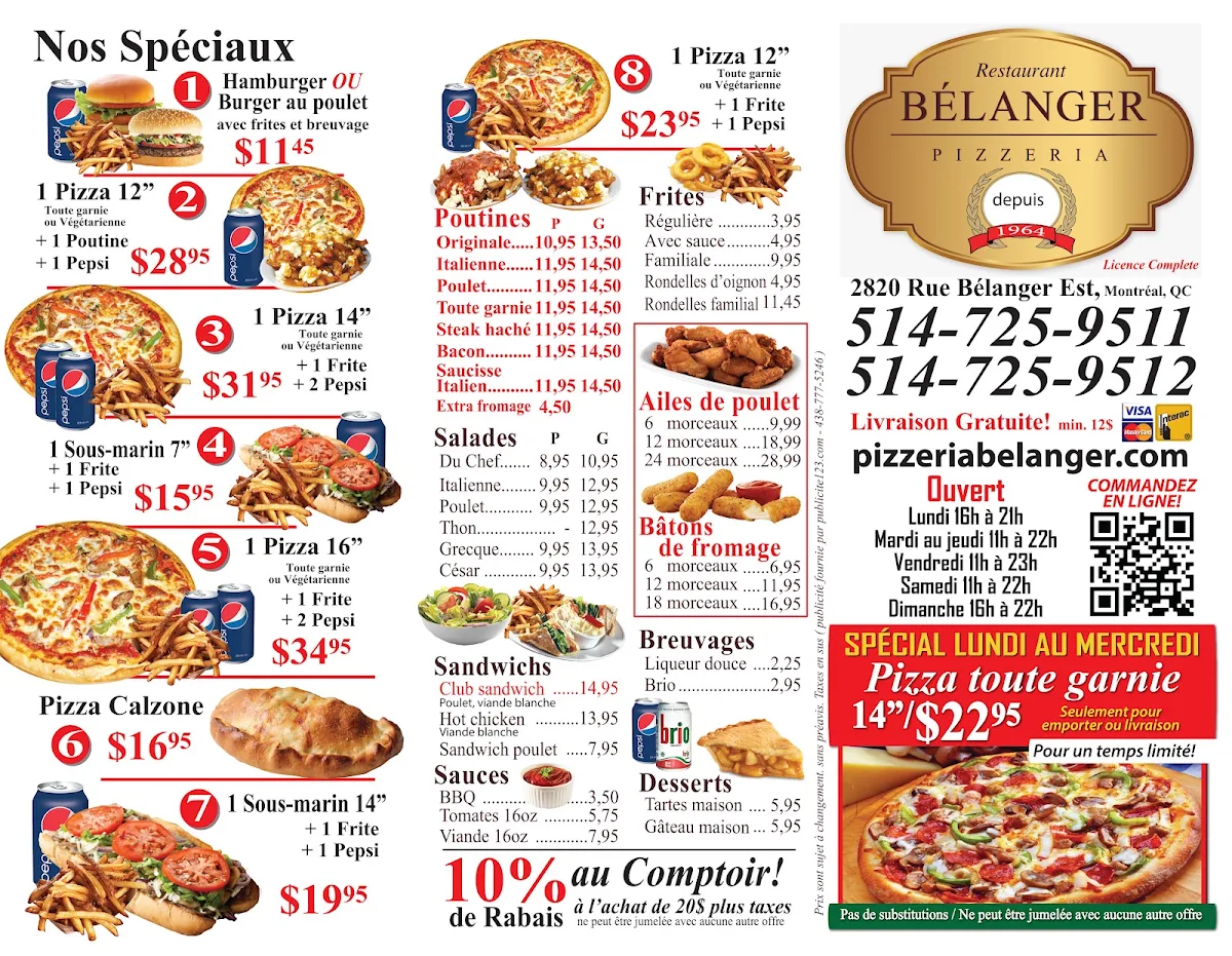 Menu, Pizzeria Belanger