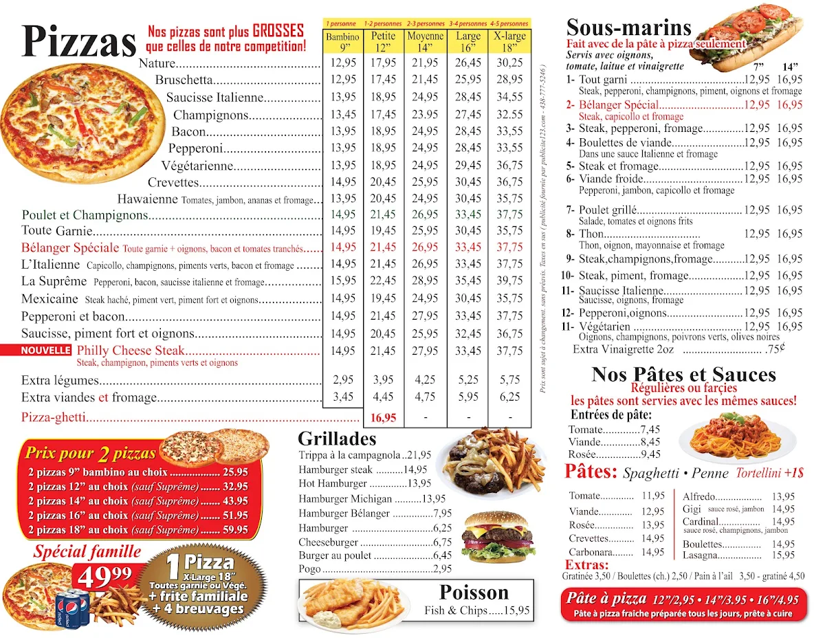 Menu, Pizzeria Belanger