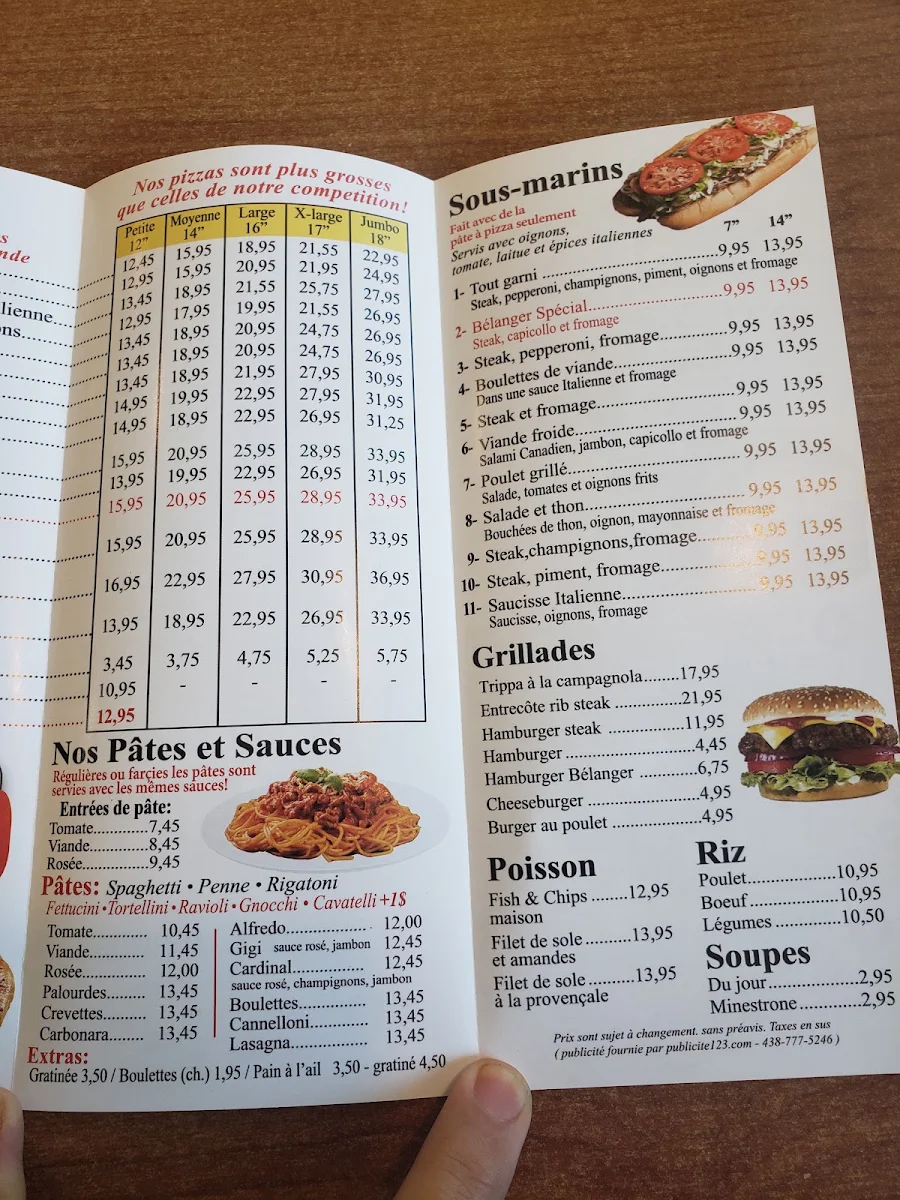 Menu, Pizzeria Belanger