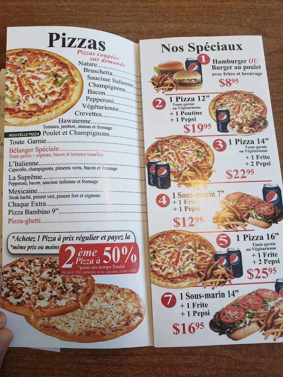 Menu, Pizzeria Belanger