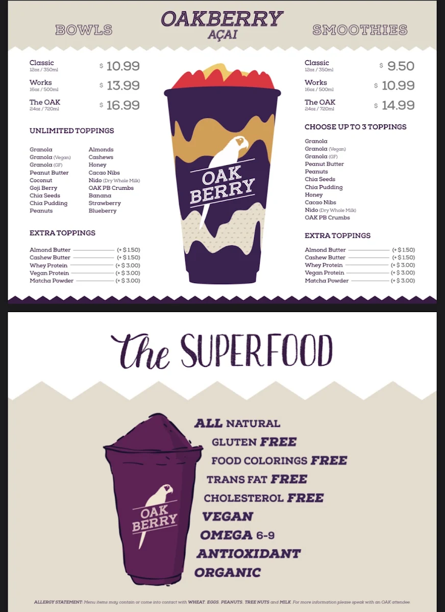 Menu, OAKBERRY Açaí Bowls & Smoothies