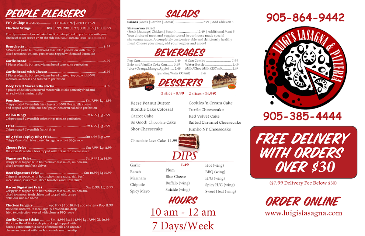 Menu, Luigi's Lasagna & Pizzeria