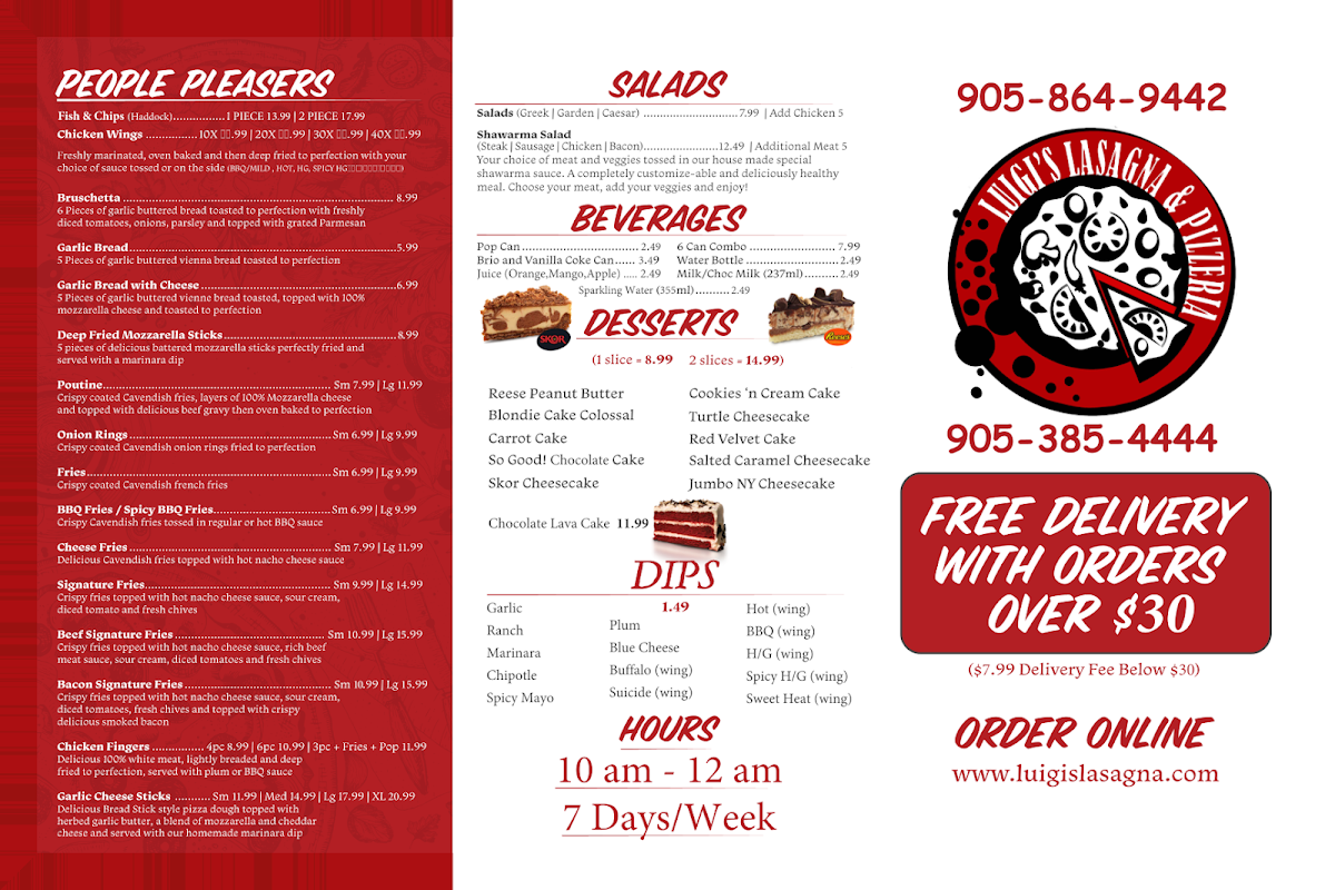Menu, Luigi's Lasagna & Pizzeria