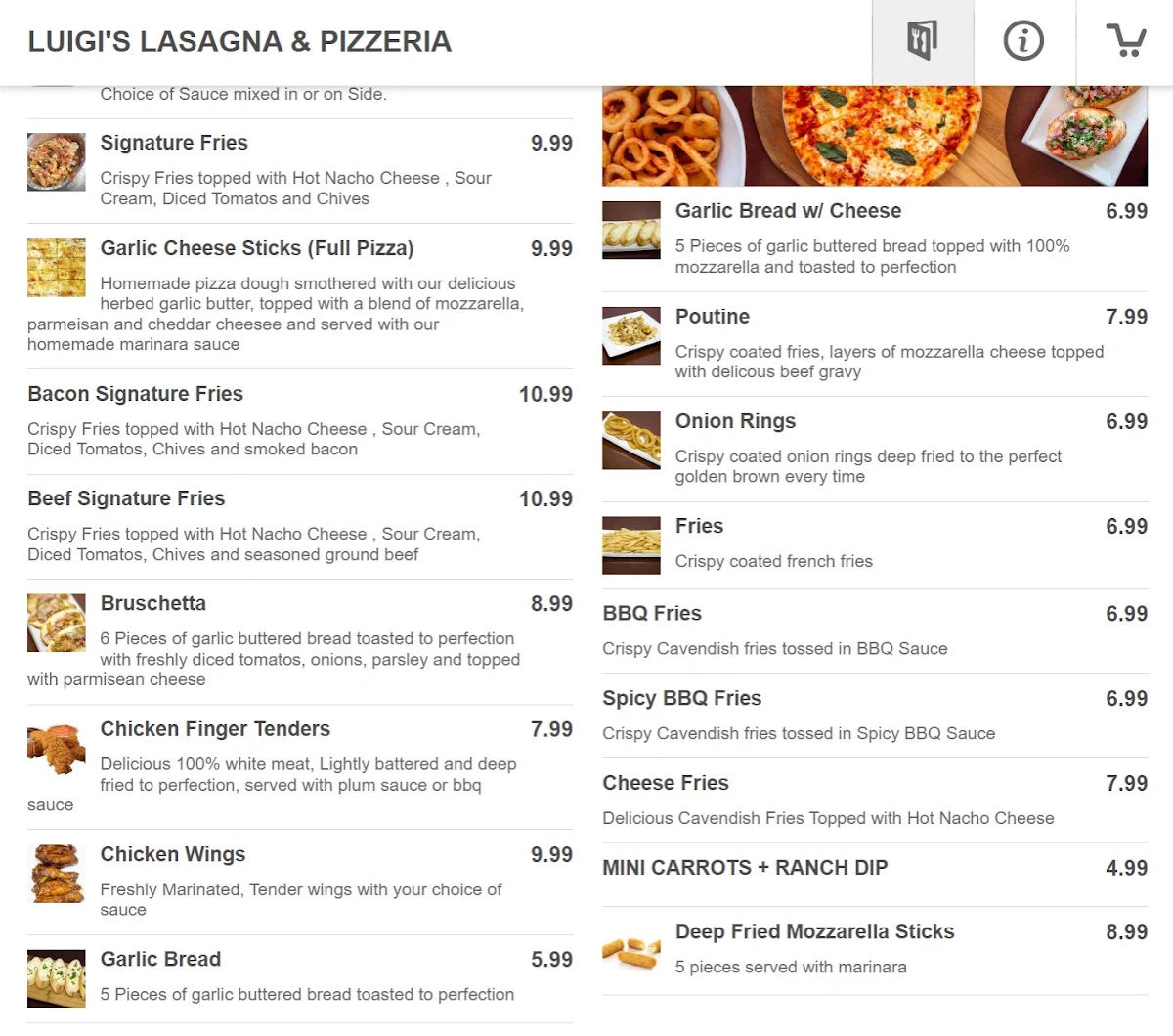 Menu, Luigi's Lasagna & Pizzeria
