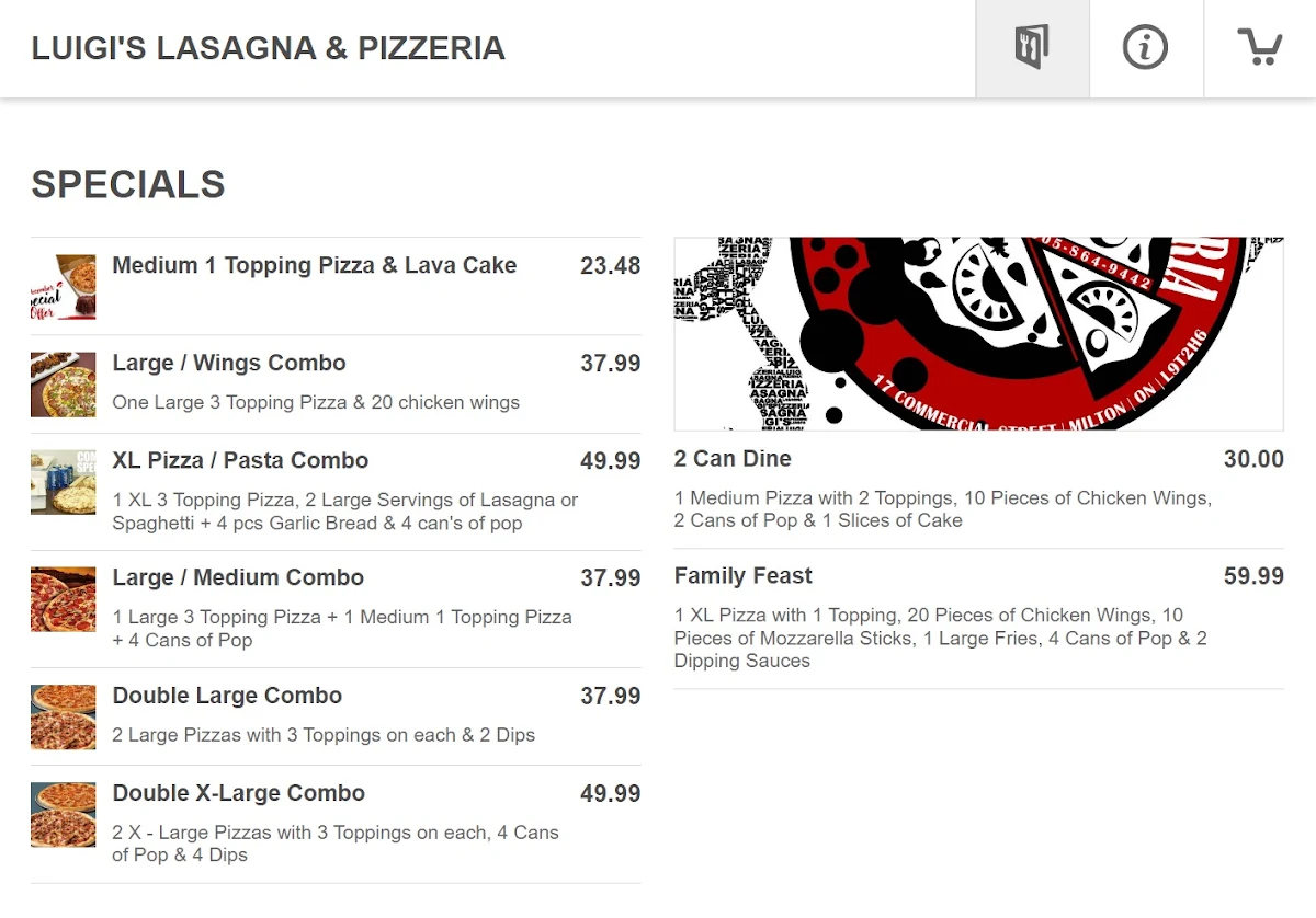 Menu, Luigi's Lasagna & Pizzeria