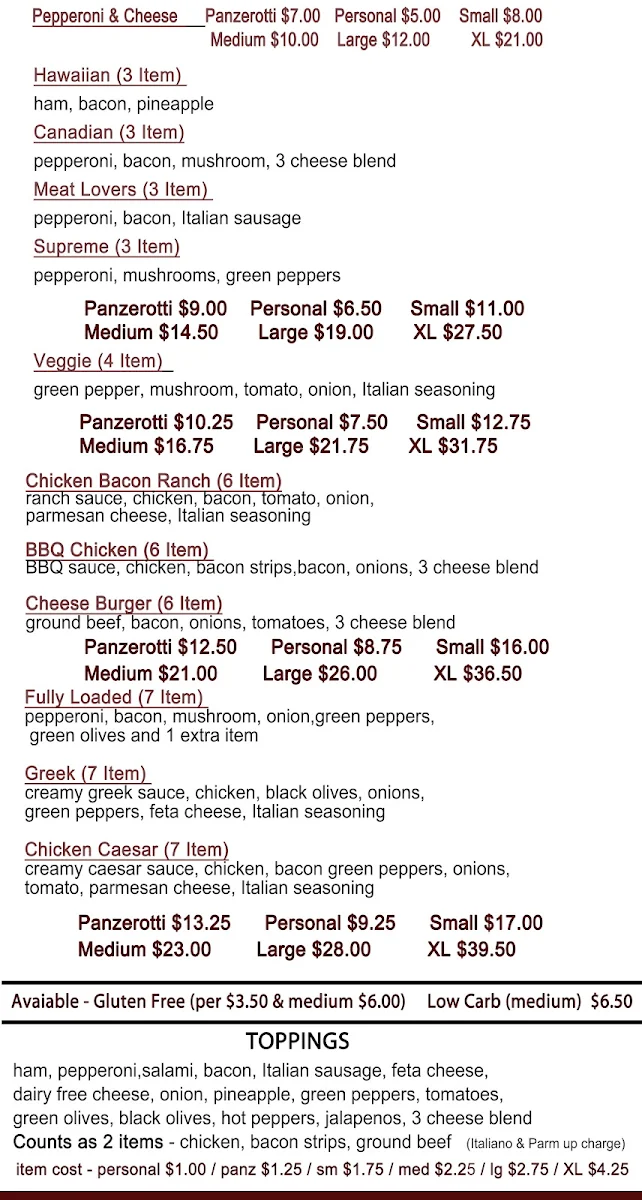 Menu, Family Time Pizza