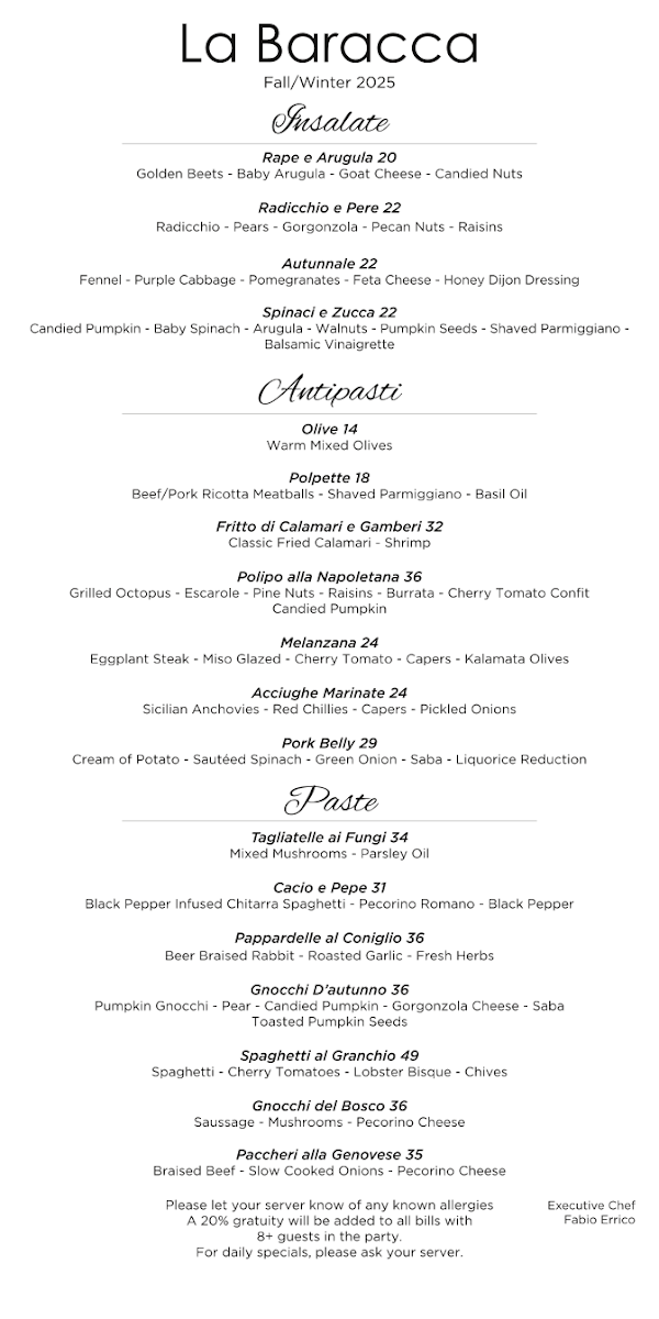 Menu, La Baracca