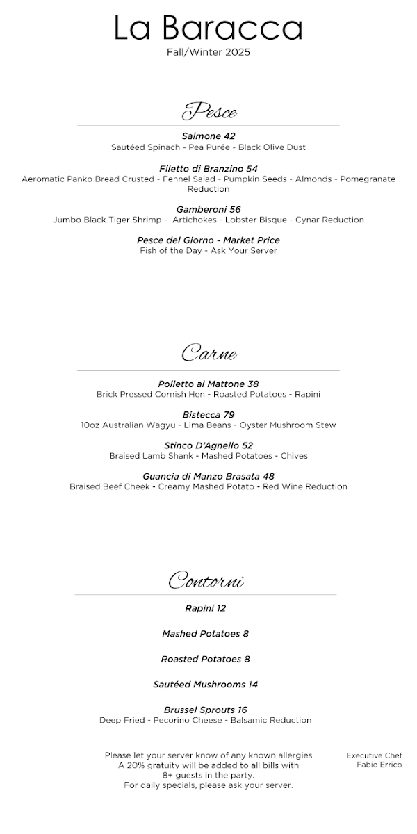 Menu, La Baracca