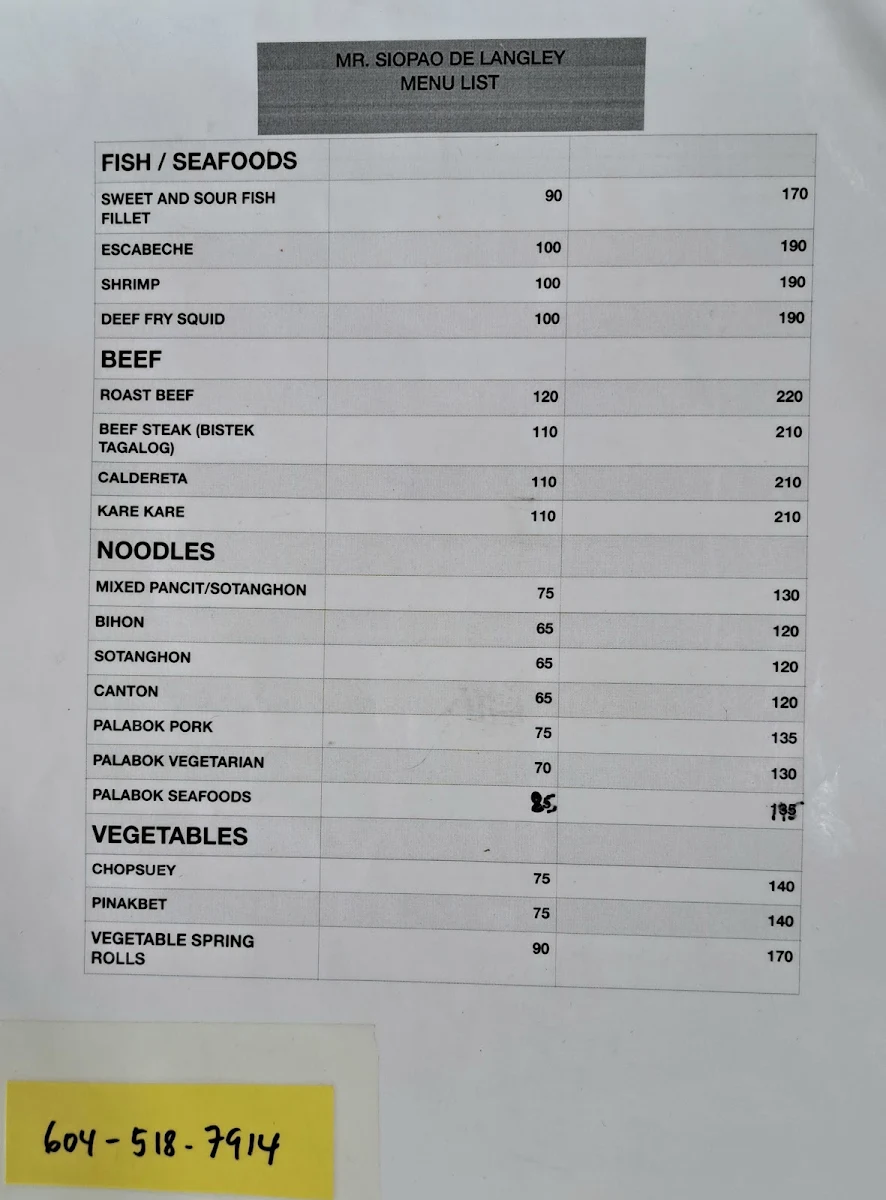 Menu, Mr. Siopao De Langley