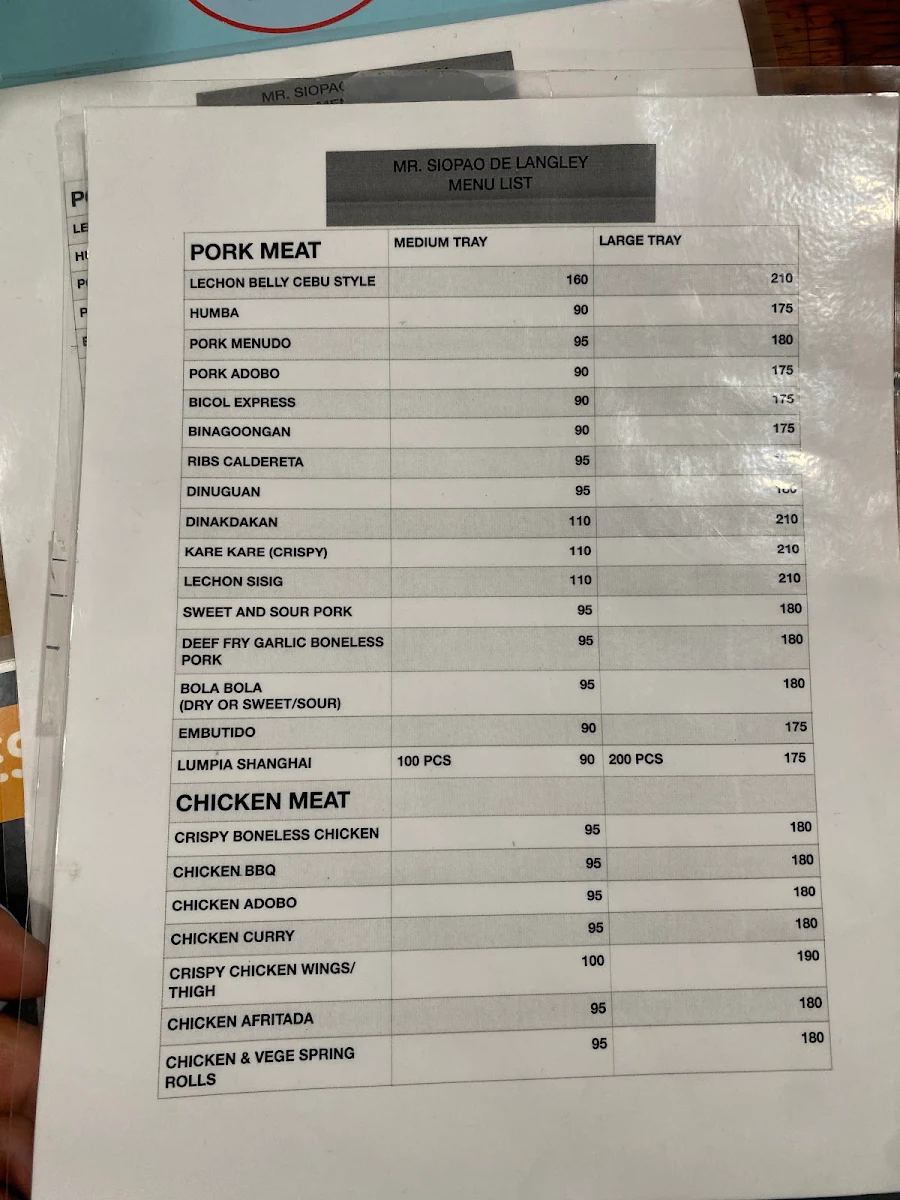 Menu, Mr. Siopao De Langley