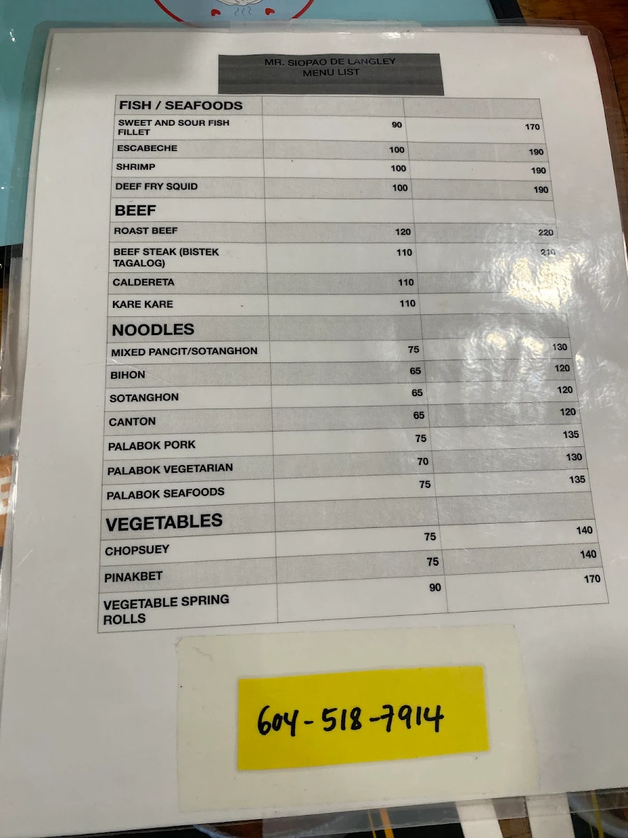 Menu, Mr. Siopao De Langley