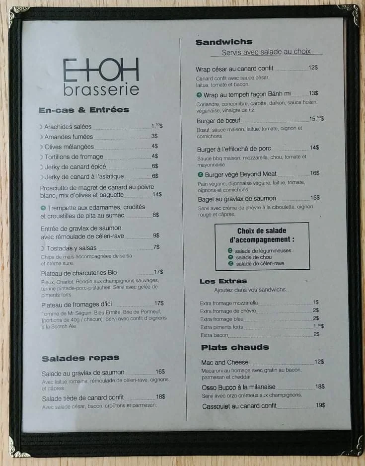 Menu, EtOH Brasserie