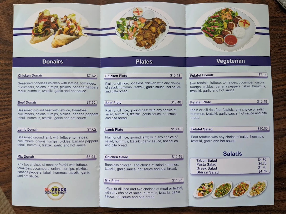 Menu, Mr. Greek Donair Shop