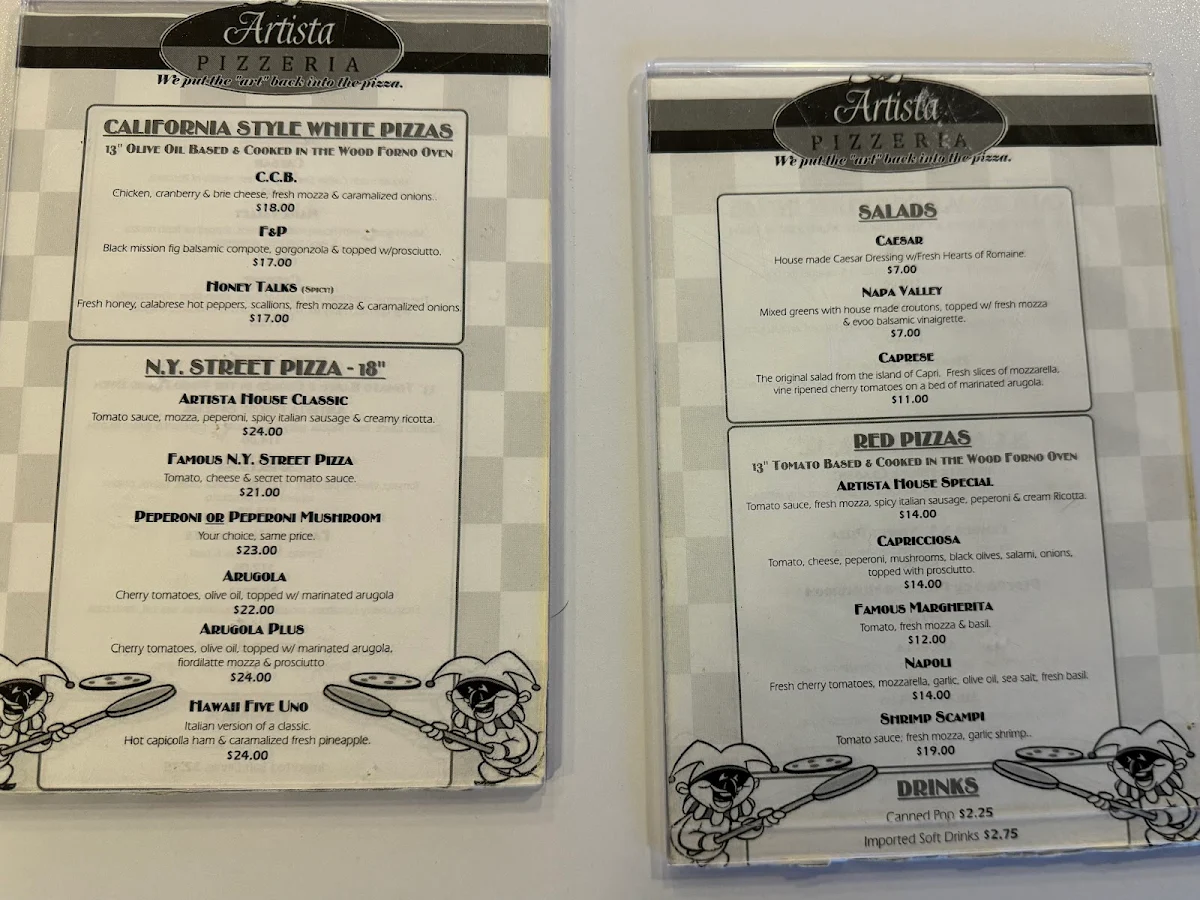 Menu, Artista Pizzeria