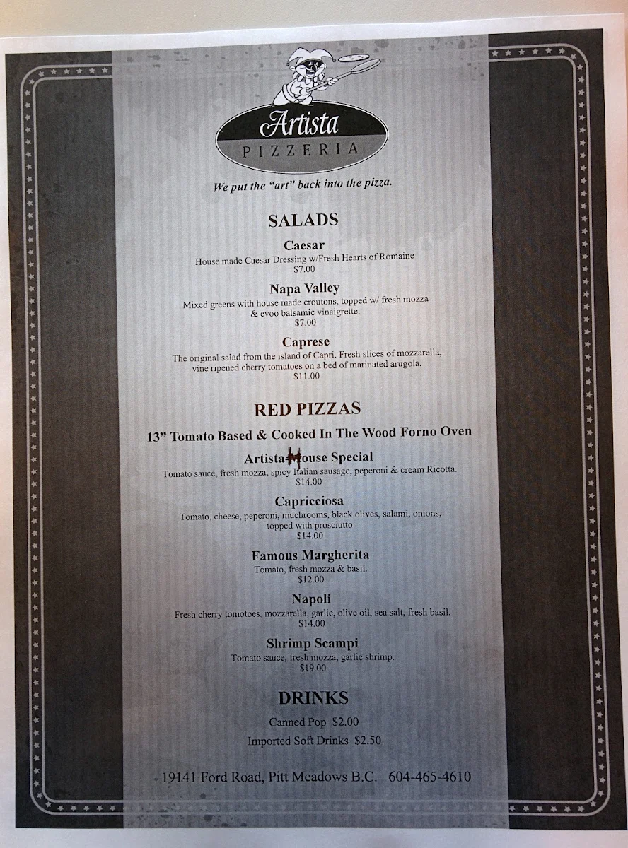 Menu, Artista Pizzeria