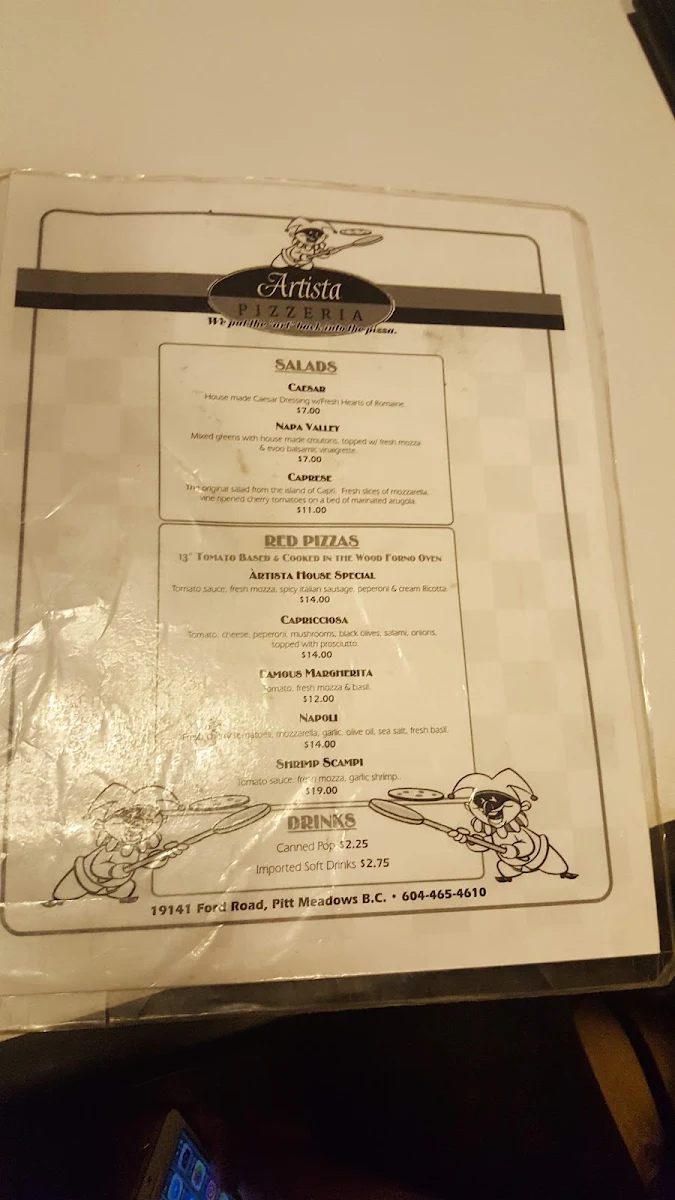 Menu, Artista Pizzeria