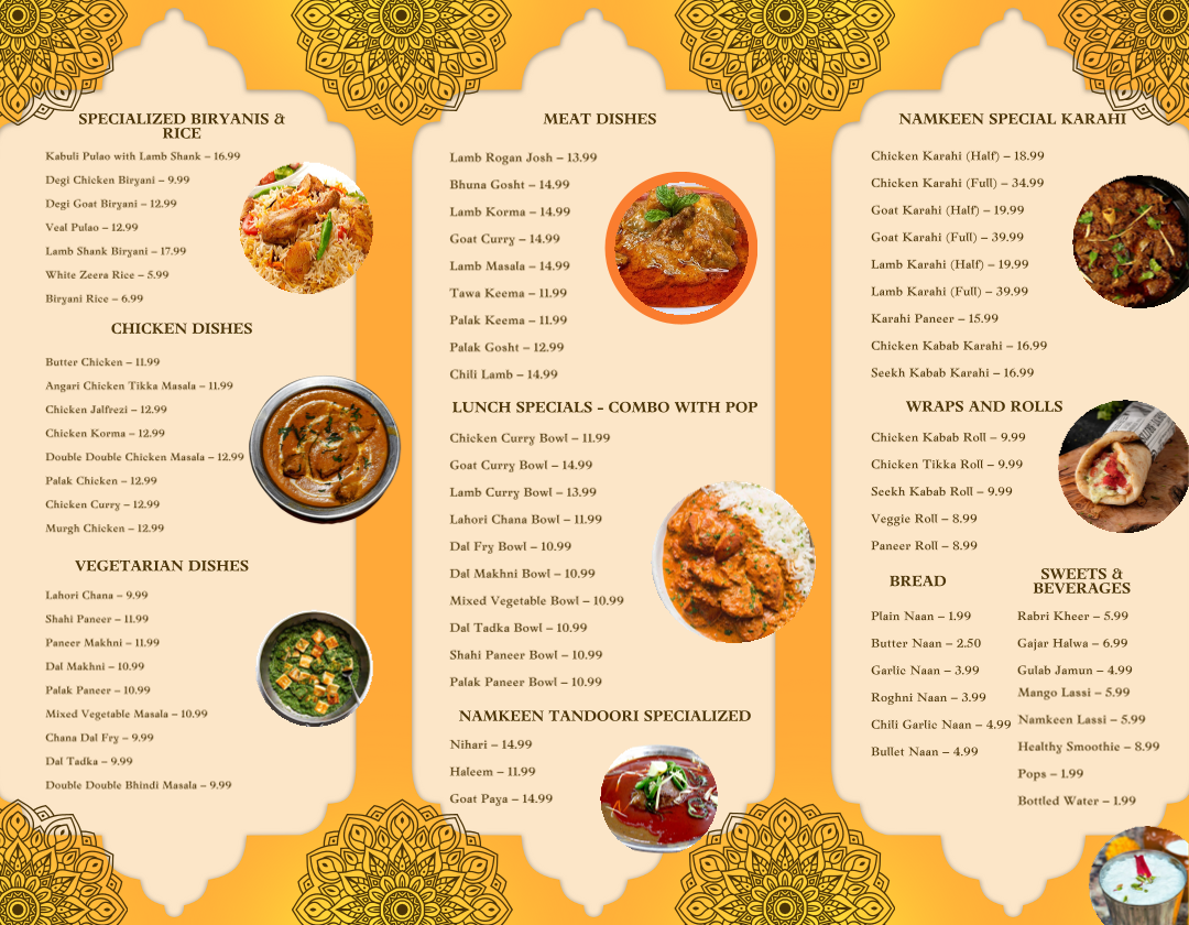 Menu, Namkeen Tandoori Halal